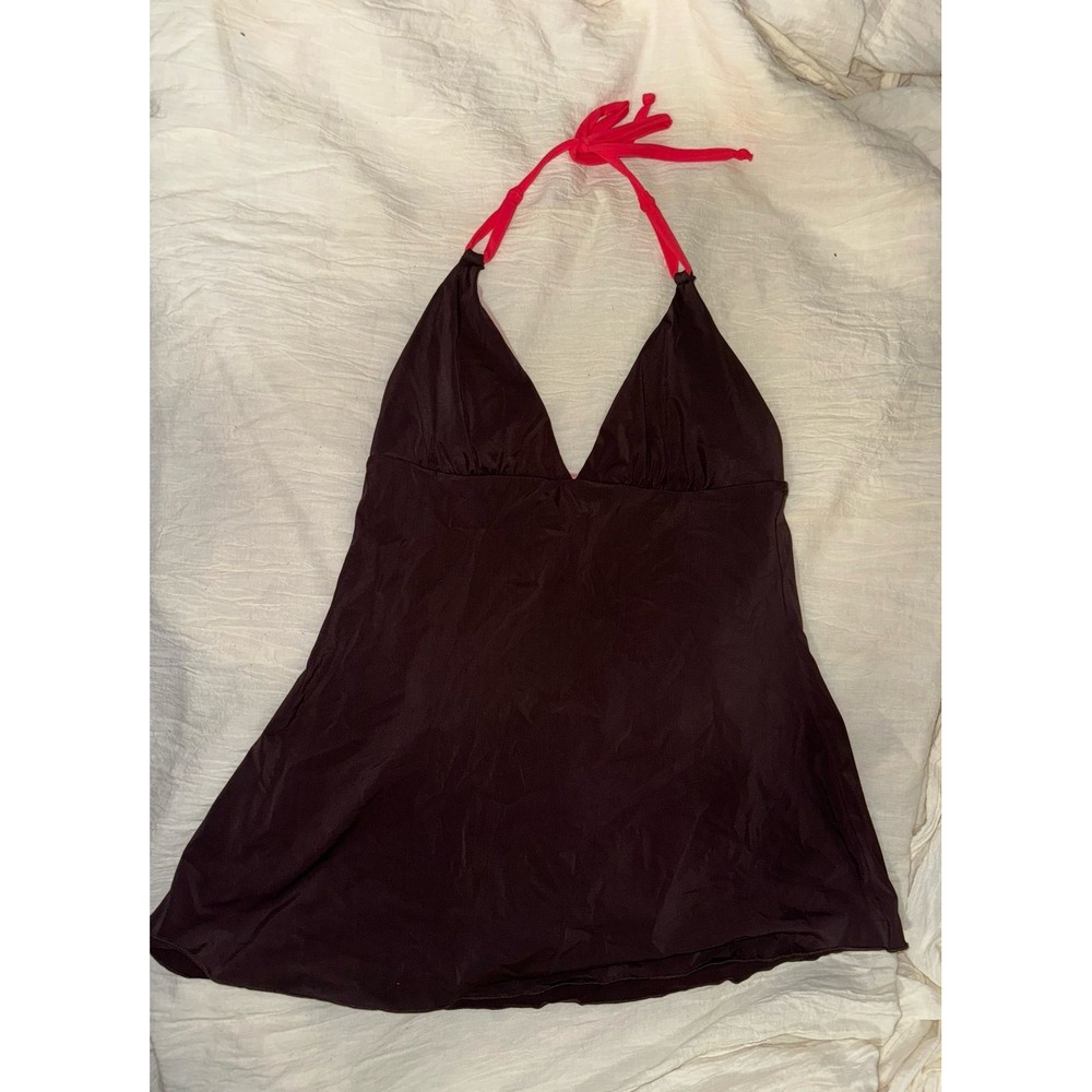 SPANX black halter one piece dress style swimsuit red halter tie size 10